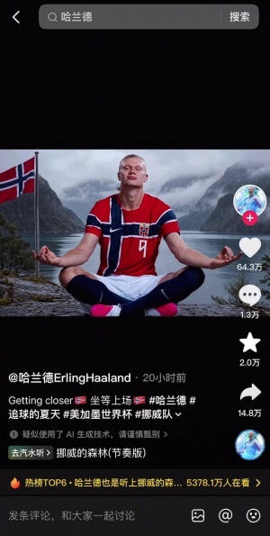 日本vs瑞典-6-必有高人指点！哈兰德抖音账号晒打坐图，配乐《挪威的森林》