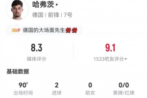 瑞士vs加掌大-11-哈弗茨本场出任中锋数据：4射2正进2球 8对抗2成功 获评8.3分