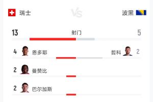 捷克vs南非-4-瑞士vs波黑全场数据：射门13-5 射正7-3 控球率62%-38%