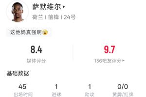 哥伦比亚vs葡萄牙-10-连场破门！萨默维尔数据：出场45分钟1射1正得1球1助 吧友评分9.7