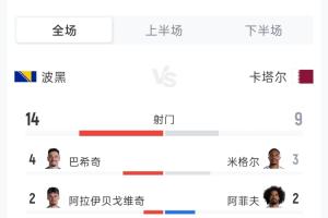 瑞典vs突尼斯-5-波黑3-1卡塔尔全场数据：射门14-9 射正5-3 角球5-5 黄牌0-1