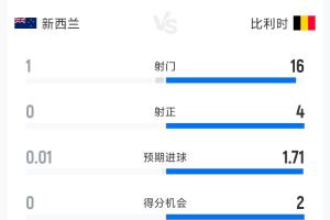 加纳vs巴掌马-8-新西兰0-1比利时半场数据：射门1-16 射正0-4 预期进球0.01-1.71